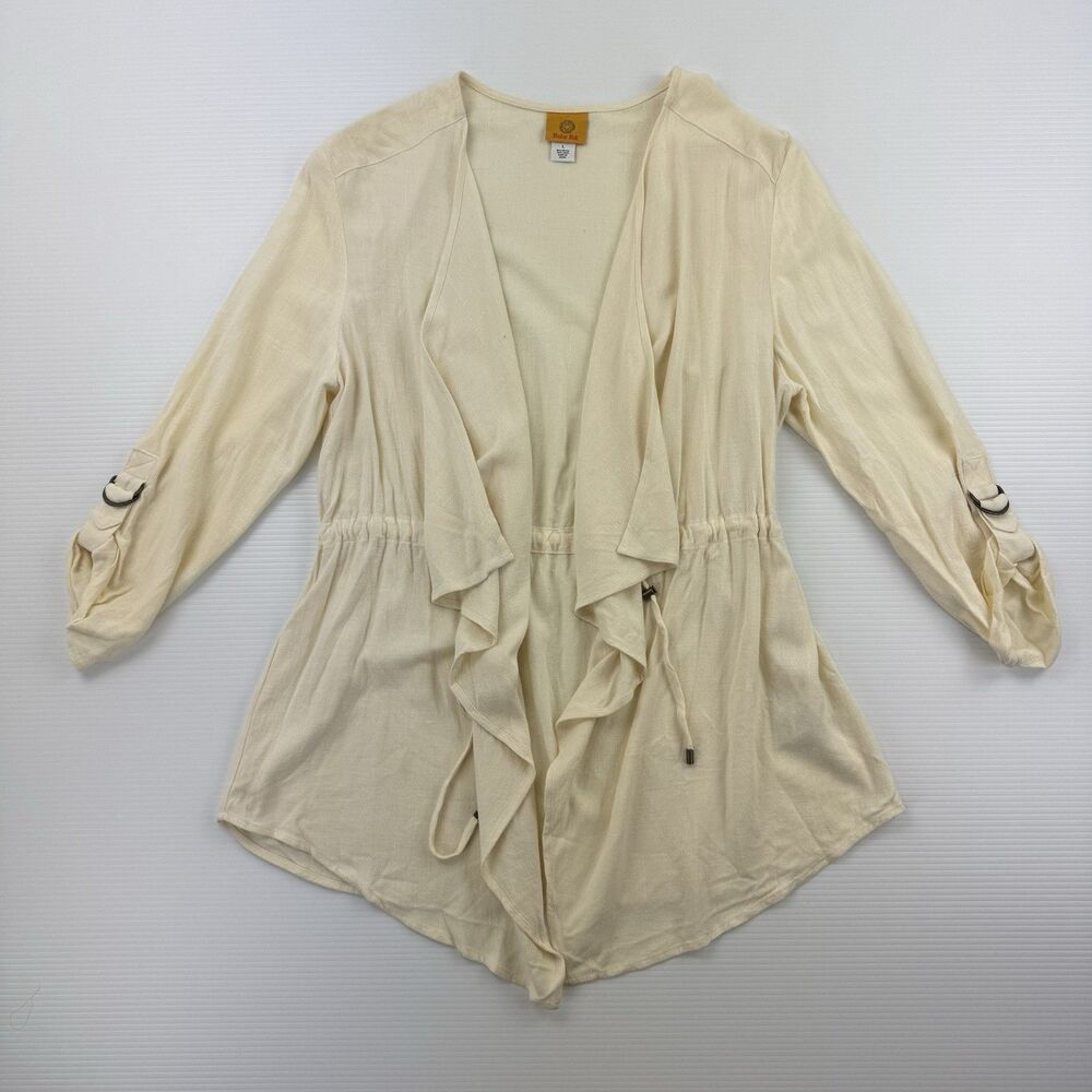 Ruby Rd Ivory Drape Front Cardigan Jacket Linen Blend Boho Size L Minimalist - Picture 3 of 14